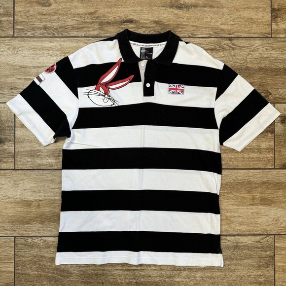 Vintage Lot 29 Looney Tunes Bugs Bunny Polo Shirt Stripe Size XL Britain UK Flag - Picture 2 of 9